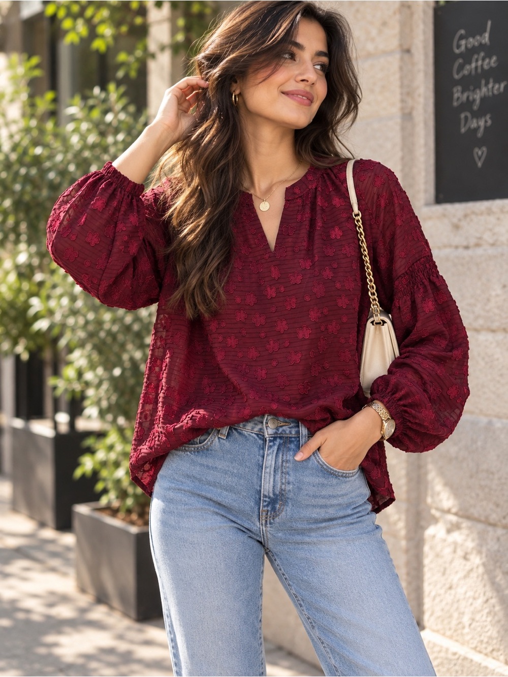 17A. Market & Spruce Burgundy Embroidered V-Neck Balloon Sleeve Blouse